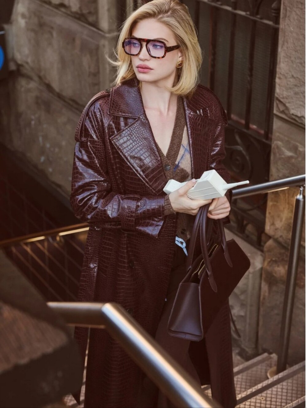 Avec Les Filles Dark Burgundy Croc-Embossed Trench Coat - Picture 10 of 10